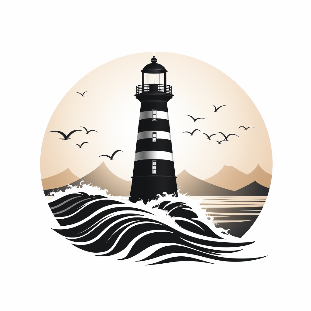 Tribal style lighthouse logo in black and white