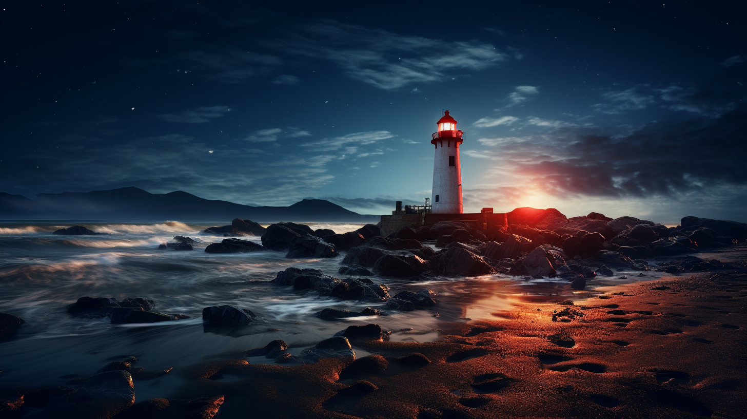 Beautiful lighthouse on the beach at night