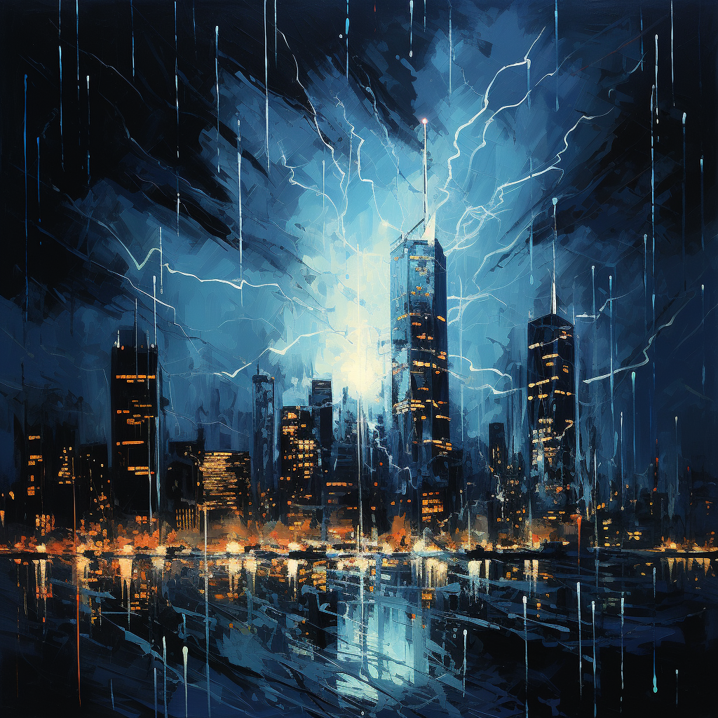 Abstract painting of lightning striking city skyline