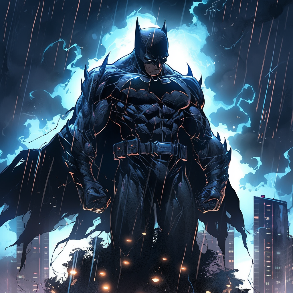 Batman standing amidst lightning in Gotham City