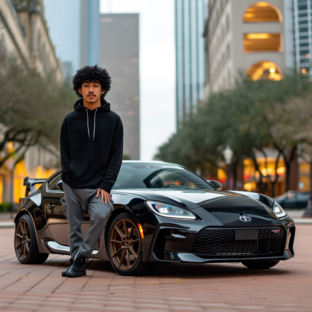 Lightskin Man in Winter Clothes leaning on Toyota GR86