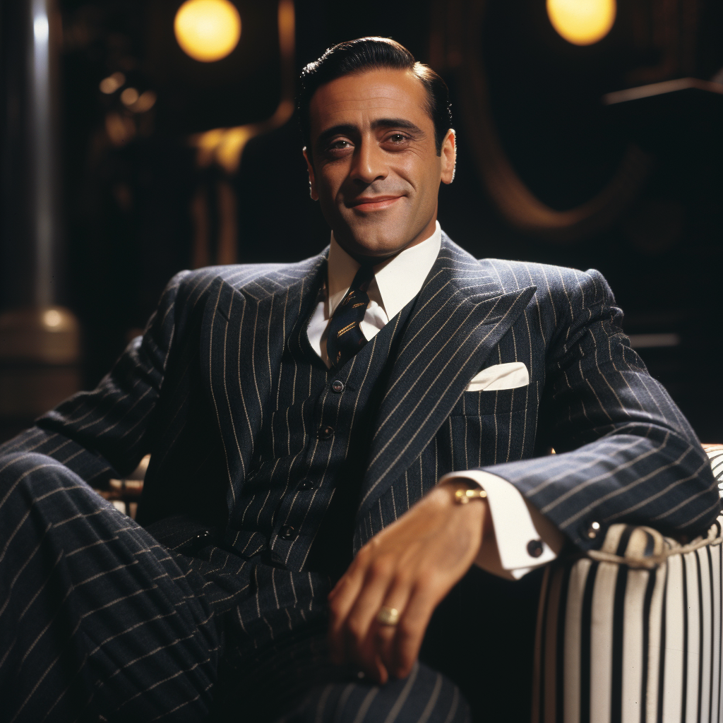 Image of a likeable bumbling gangster in pinstripe suit