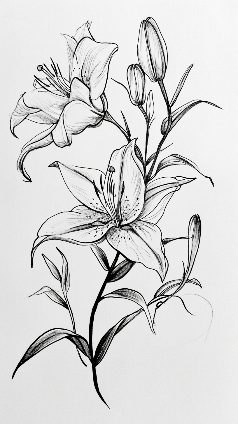 Lilies drawn with pen and brush