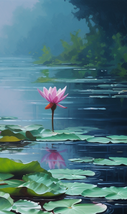 Beautiful lilies in a serene pond painting