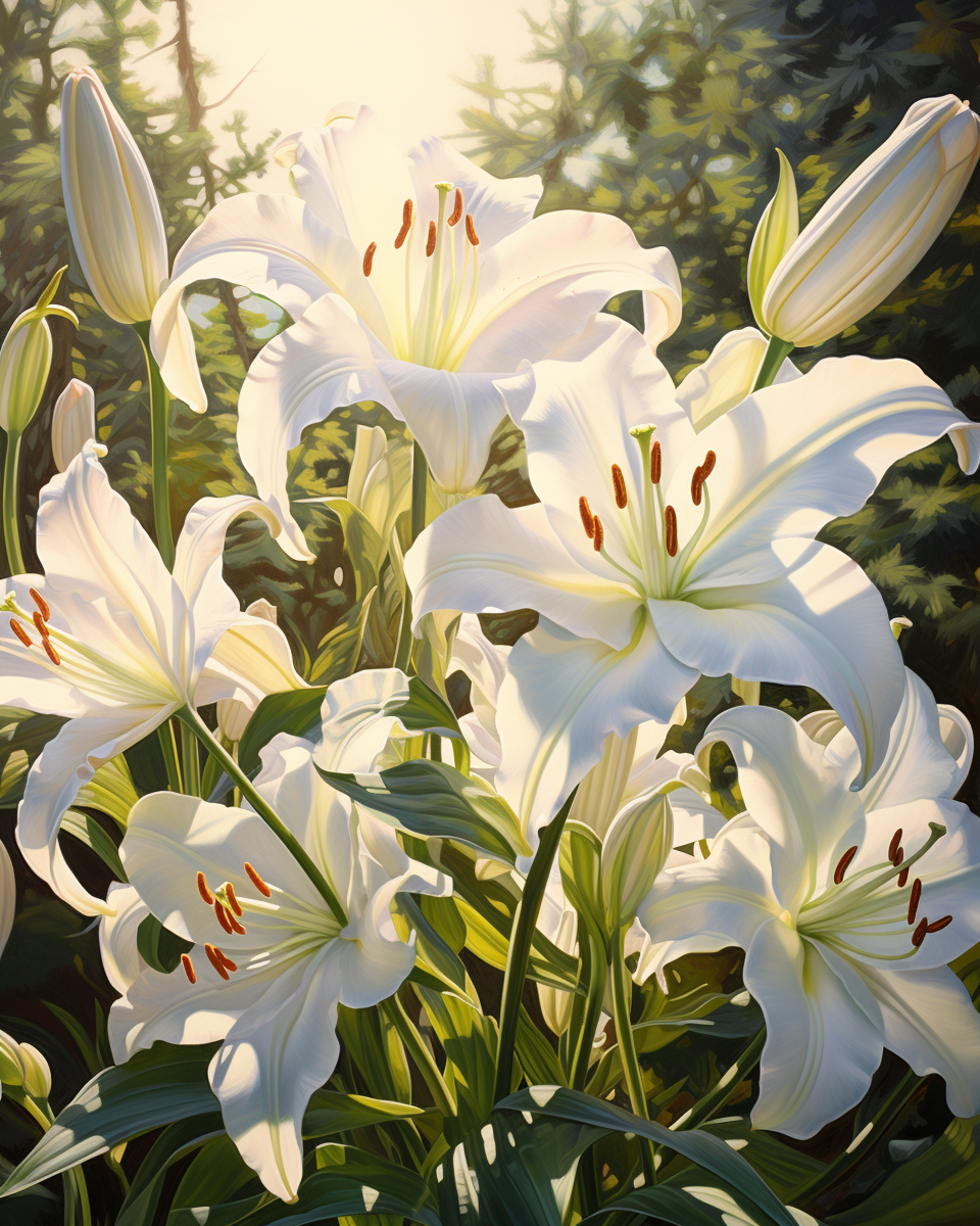 Elegant white lilies under golden sunlight