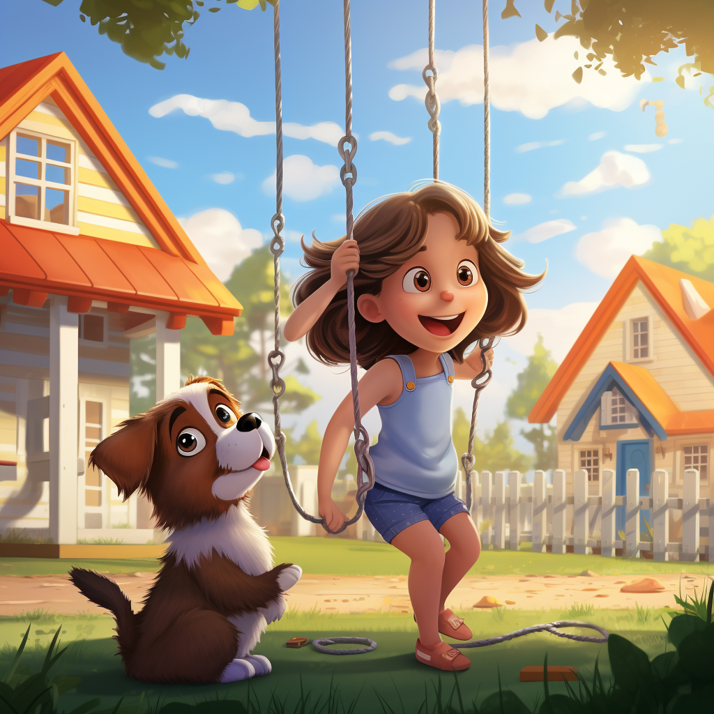 Little girl having fun with a dog, swingset, and house