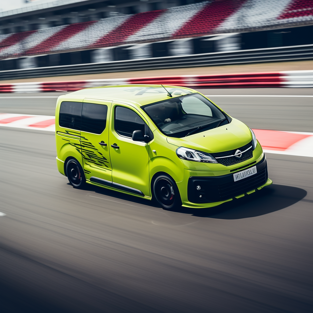 Speeding lime green van on racetrack