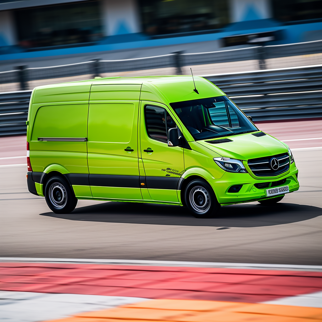 Lime green van on racetrack  (6 words)