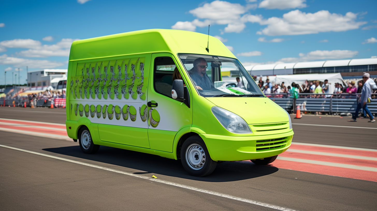 Vibrant lime green ice cream van on racetrack