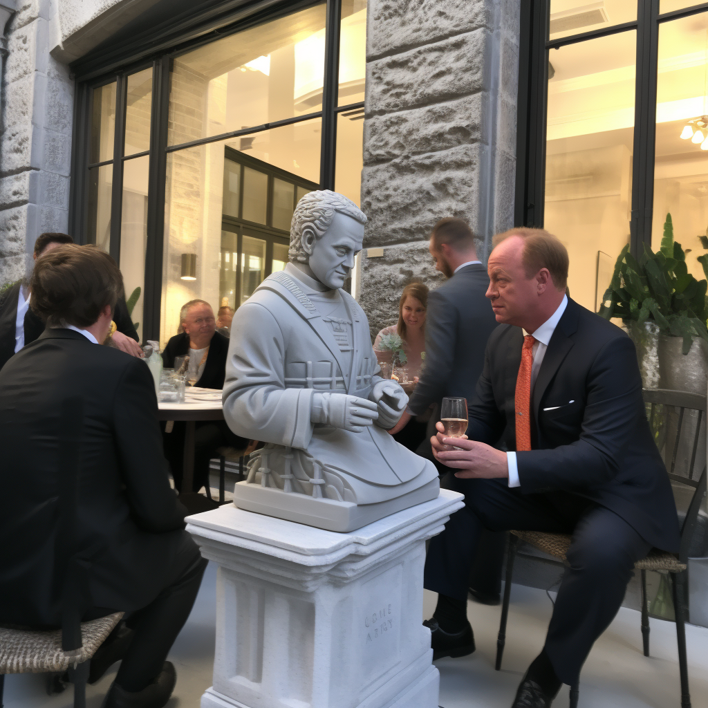 Frasier Crane limestone statue at cocktail party