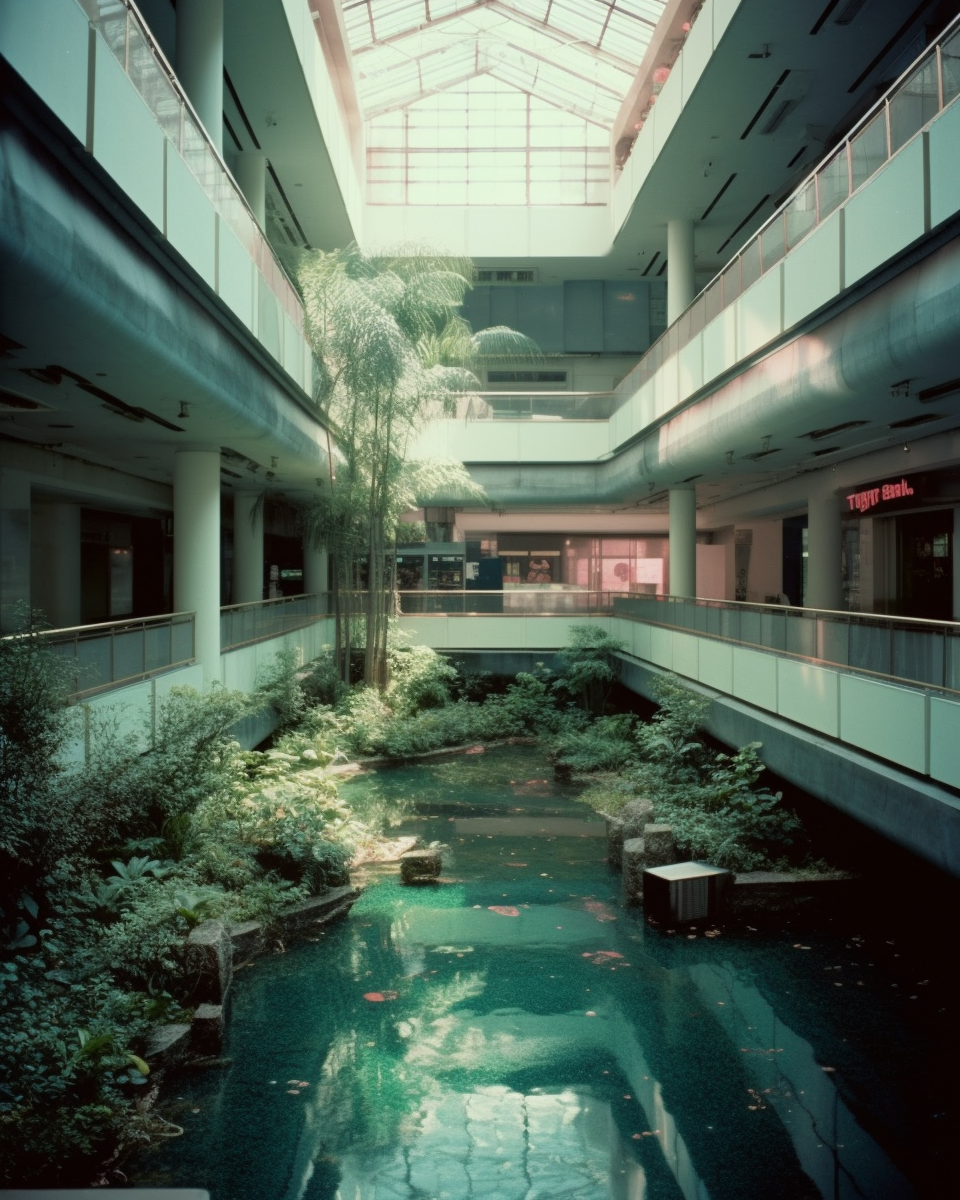 Liminal vaporwave aquarium mall with waterfall