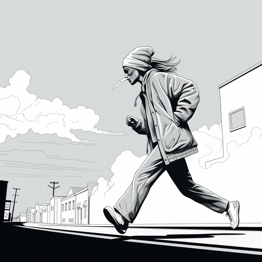 Black and white line art of woman running on street