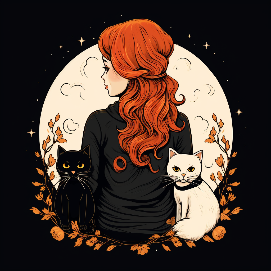 Woman with Ginger Hair, Black Cat, White Dog