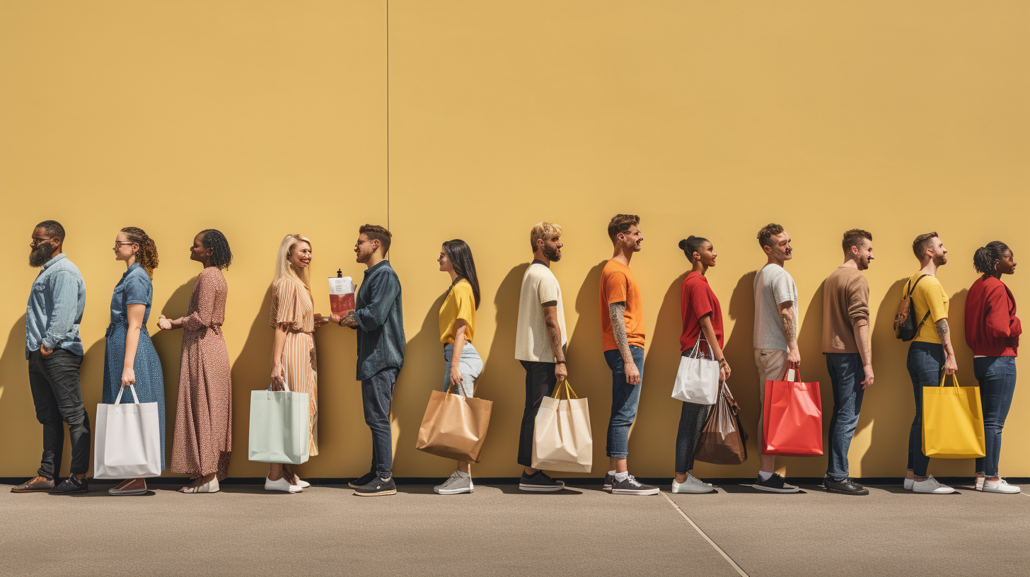 People connecting through Aldi groceries bags