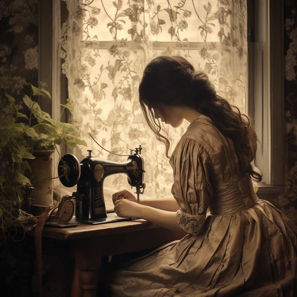 Girl in Linen Dress Using Victorian Sewing Machine