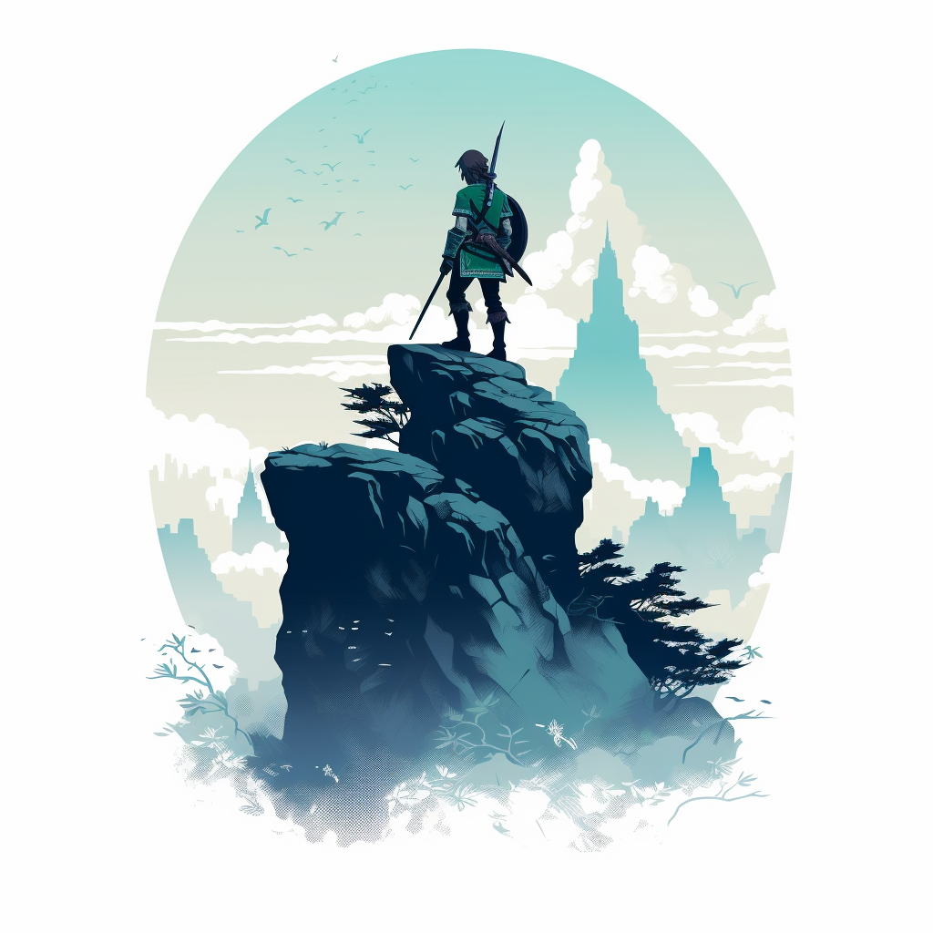 Minimalist illustration of Link standing on a cliff