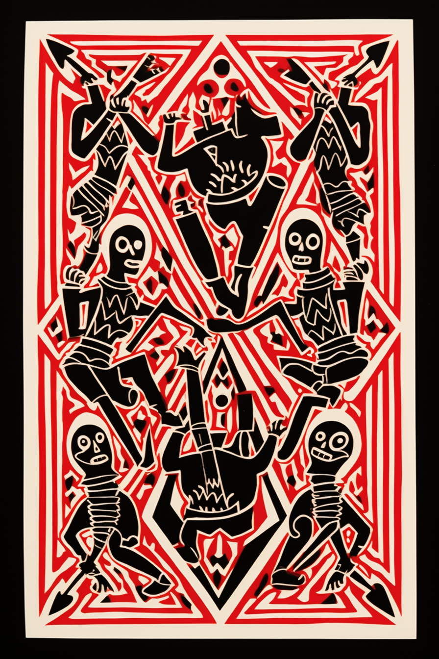 Linocut of Dancing Devils on Playing Card Back