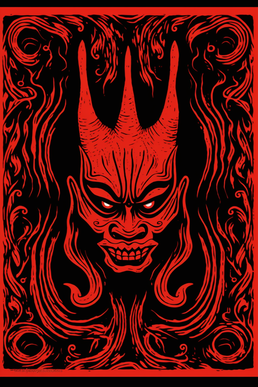 Devil-themed playing card linocut