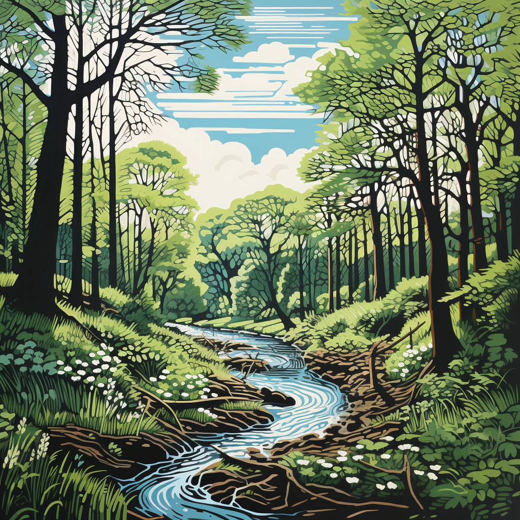 Beautiful linocut trees in rainforest