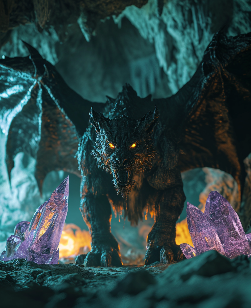 Half lion, half bat creature with purple crystals in moody cave