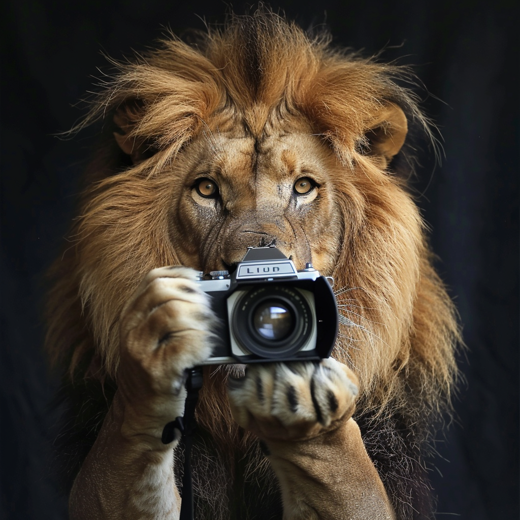 Lion with camera in mouth