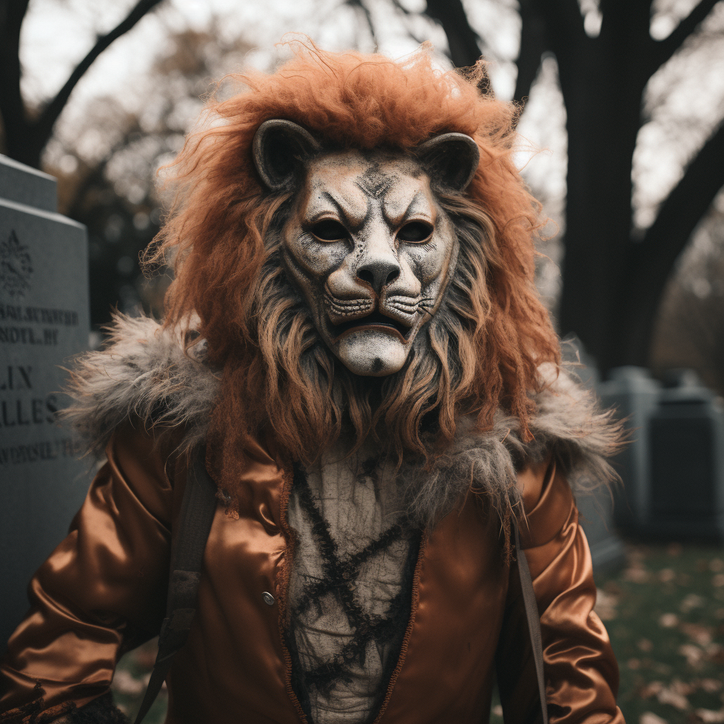 Lion in Cemetery with Michael Myers Mask