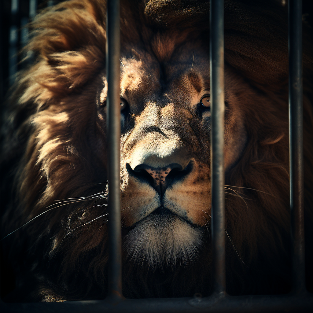 Lion squeezed in tight cage