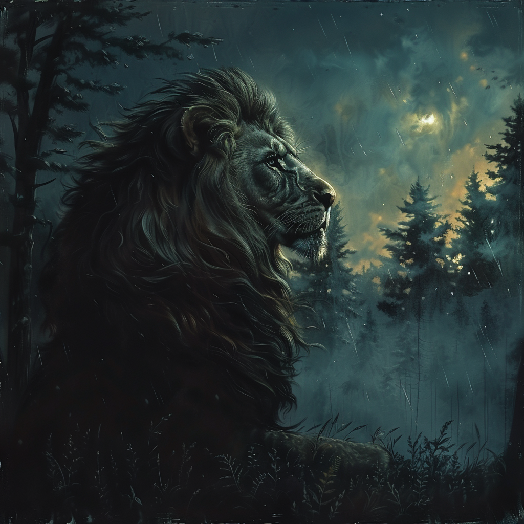 Lion in Dark Forest