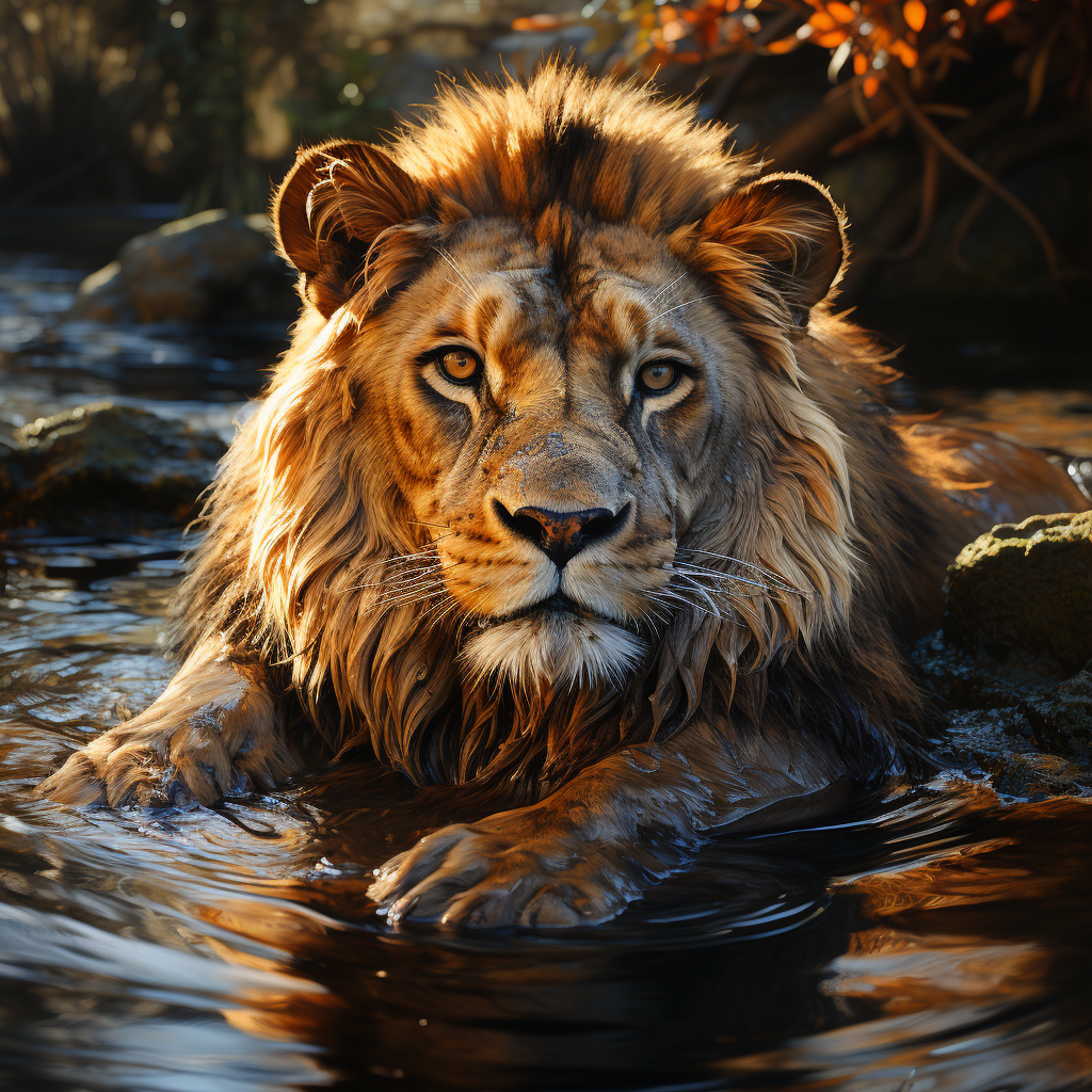 Picture of a lion drinking water peacefully