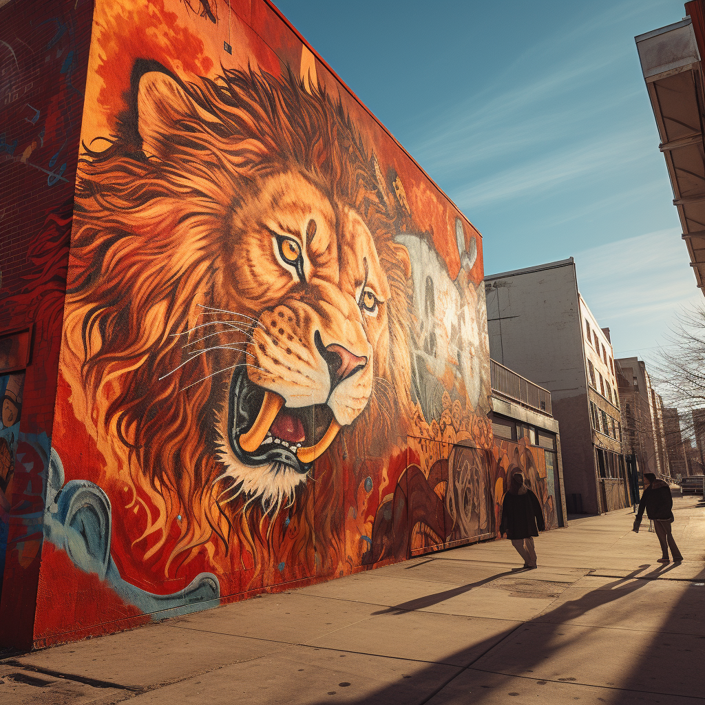 Colorful Lion Graffiti on City Wall