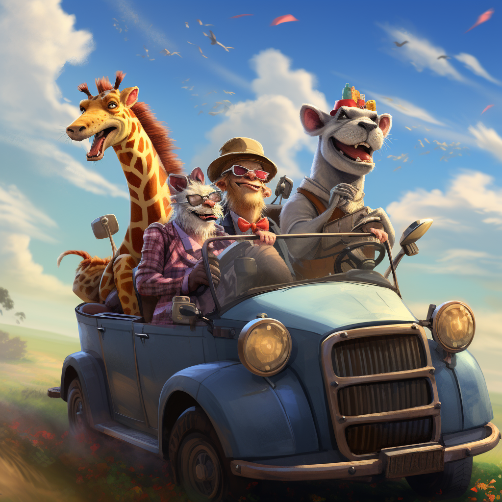 Fun Ride with Lion, Hippo, Hyena, Giraffe in Convertible