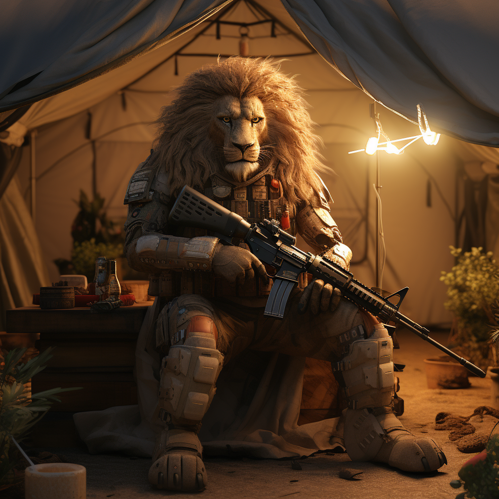 Realistic image of lion holding M249 in tent