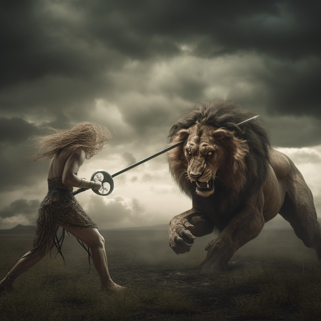 Fierce lion humanoid swinging halberd