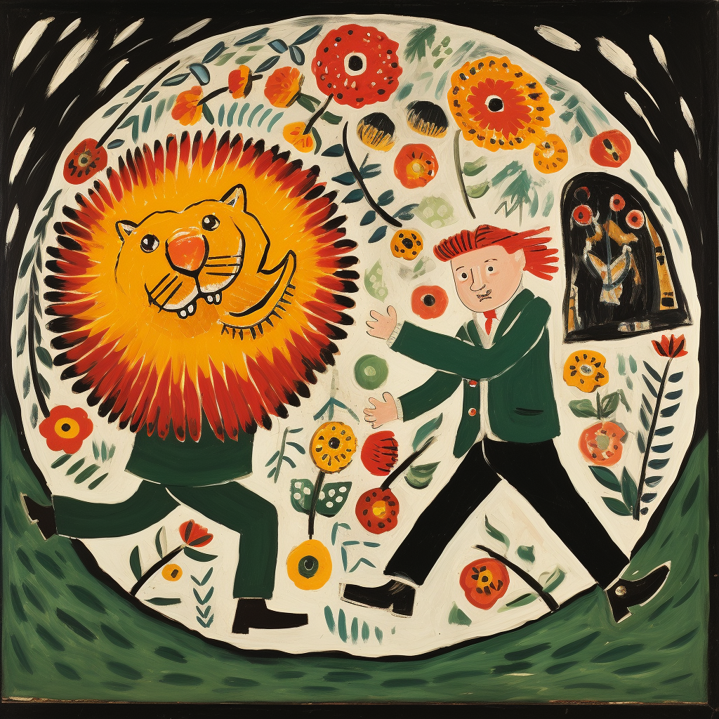 Illustration of lion, leprechaun, and businessman chasing each other