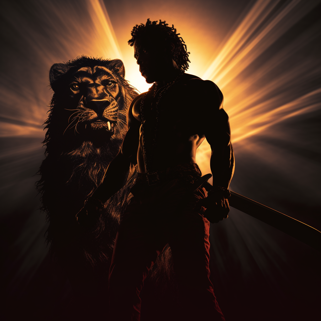 Silhouette of Brave Lion-Man with Knives