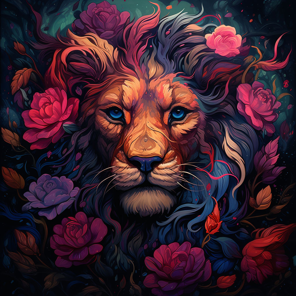 Colorful lion and roses illustration