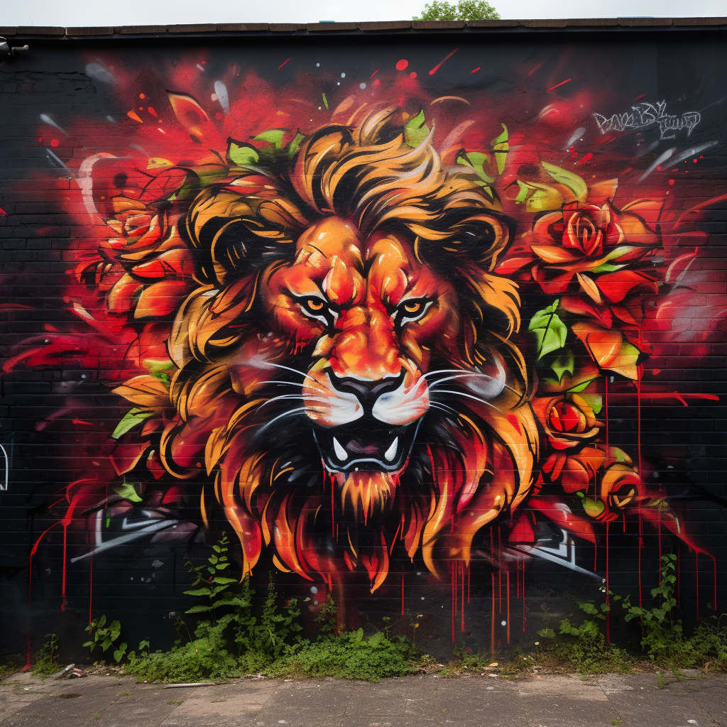 Colorful graffiti of lion surrounded by roses and fire