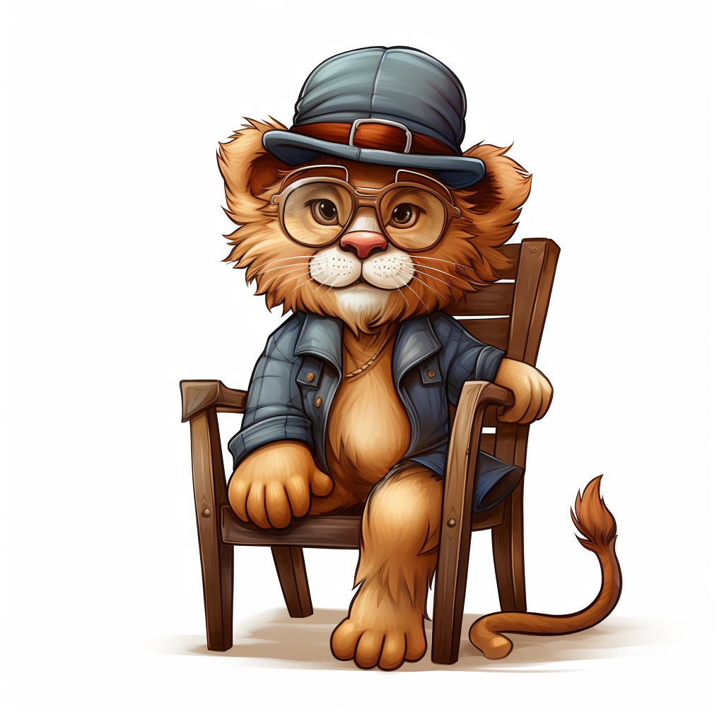 Cartoon lion sitting on wooden chair with hat and eyeglass