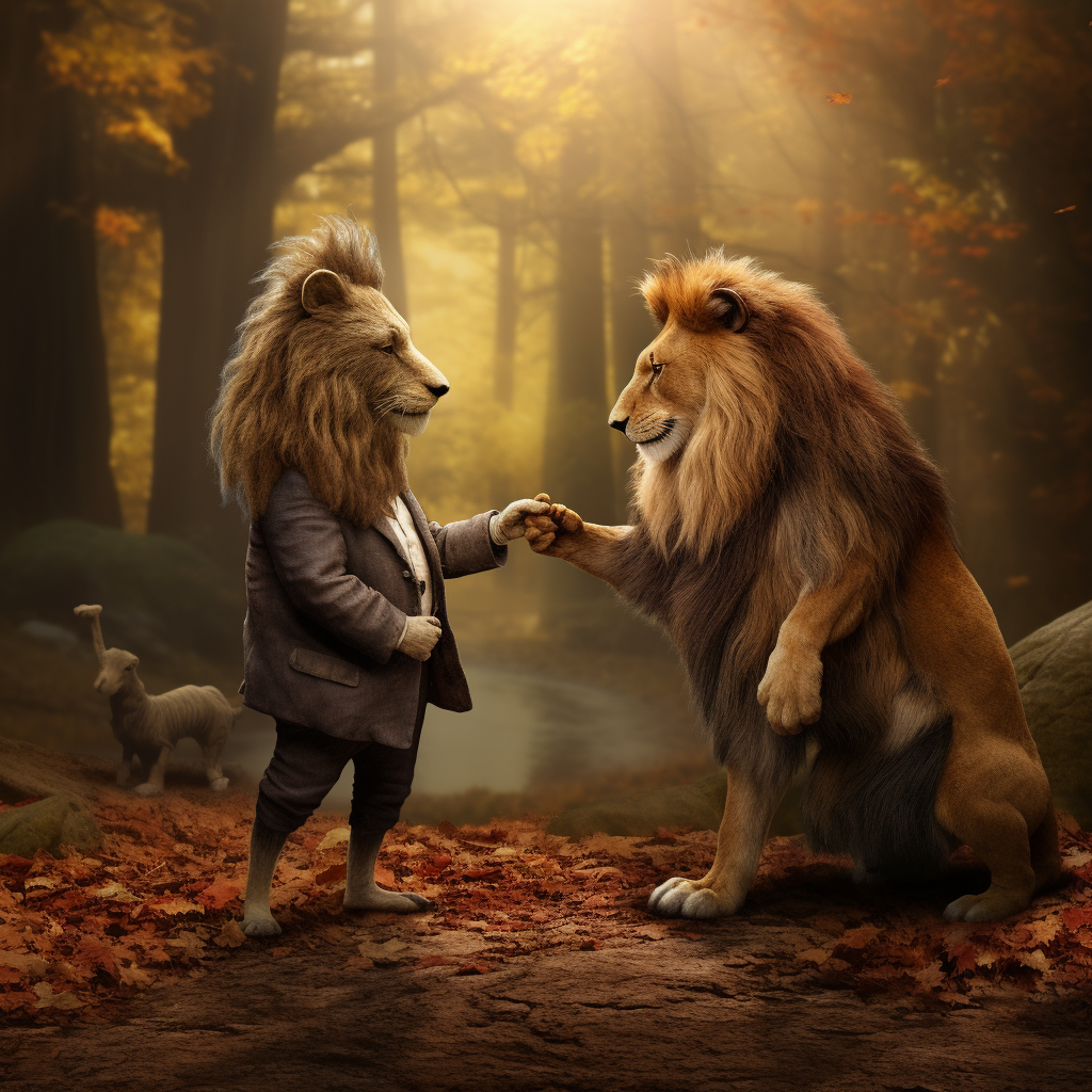 Lion shaking hands with squirrel