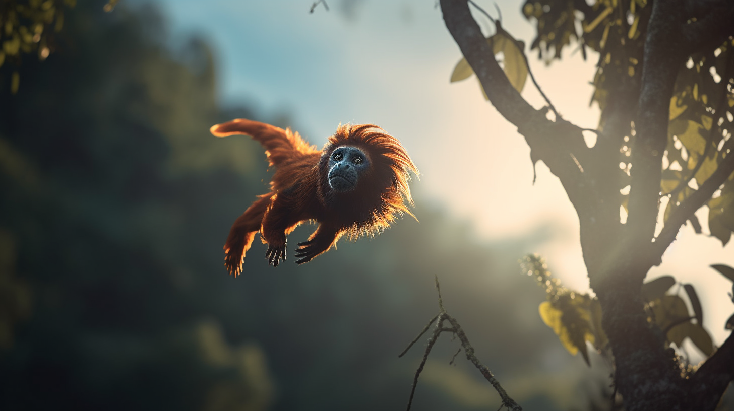 Lion Tamarin Flying in Tree