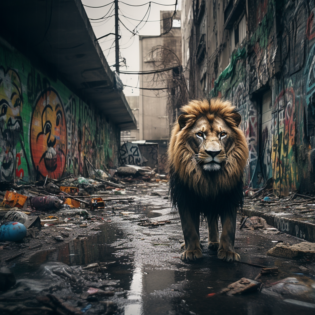 Majestic Lion Walking in Abandoned City