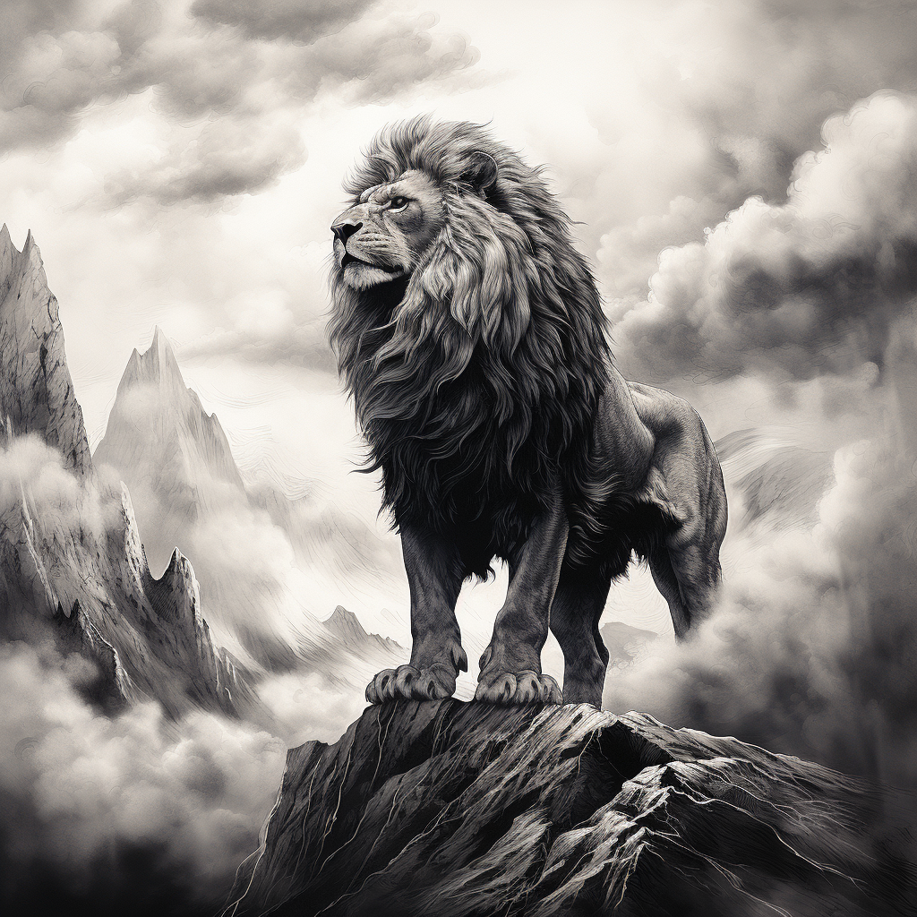 Black and white drawing of a lion on a mountain