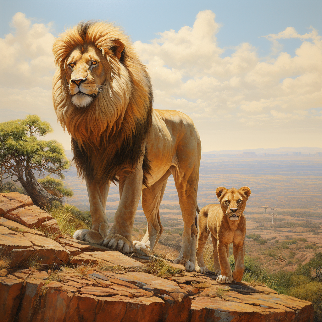 Lion and Cub on Cliff in Savannah