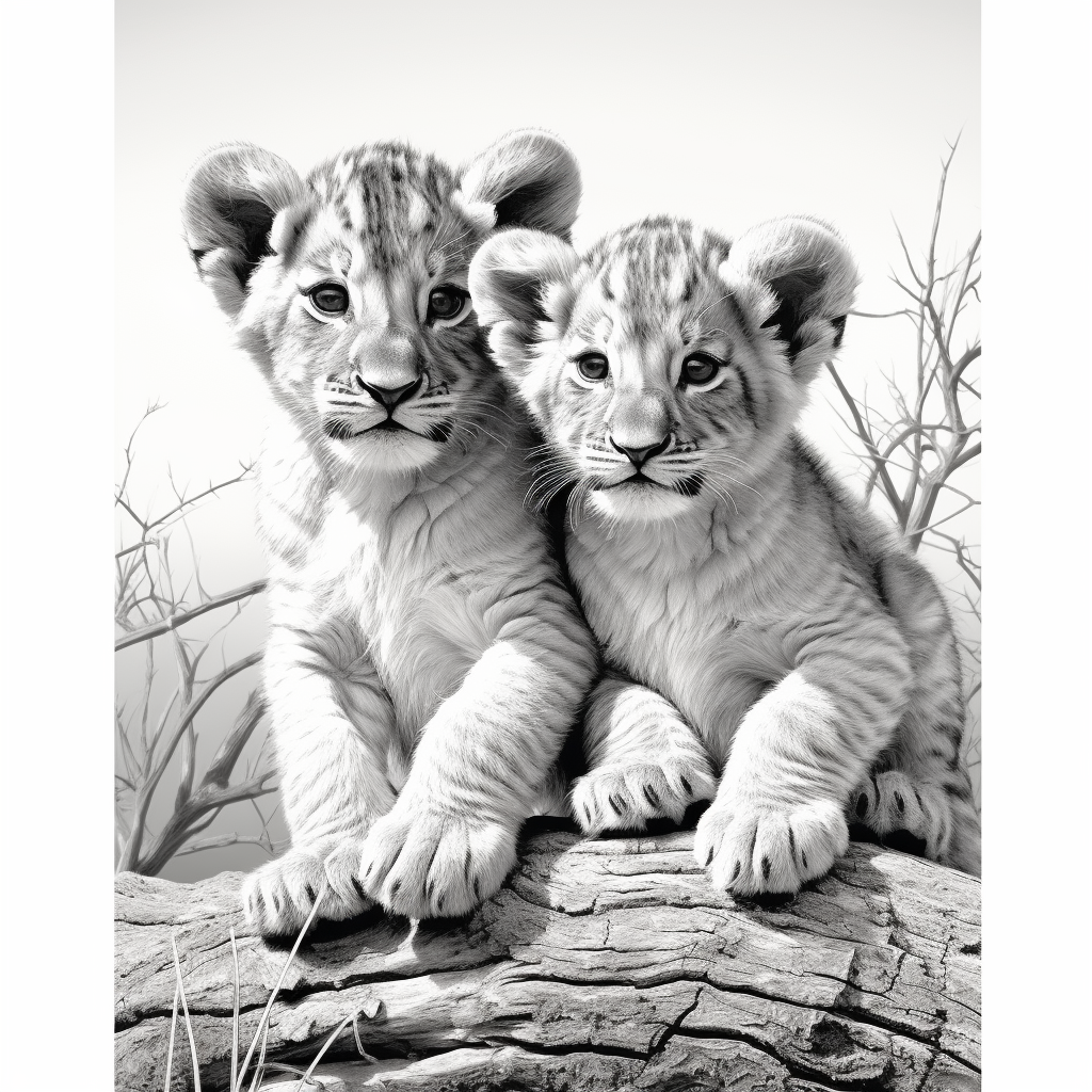 Lion cubs on safari in black and white