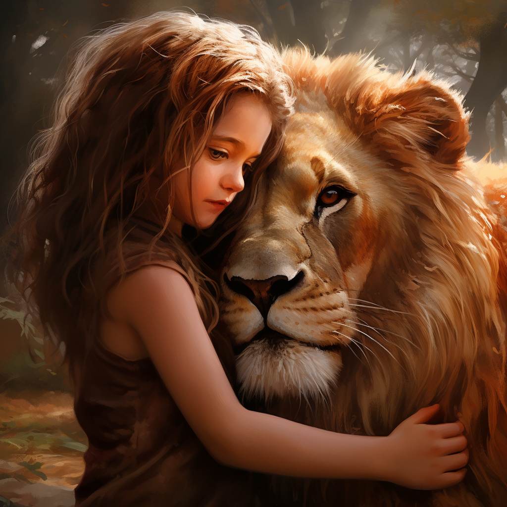 Little girl giving Lion a goodbye hug and kiss