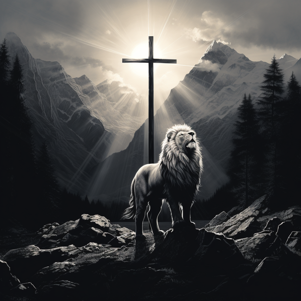 Majestic lion admiring glowing cross in mountains