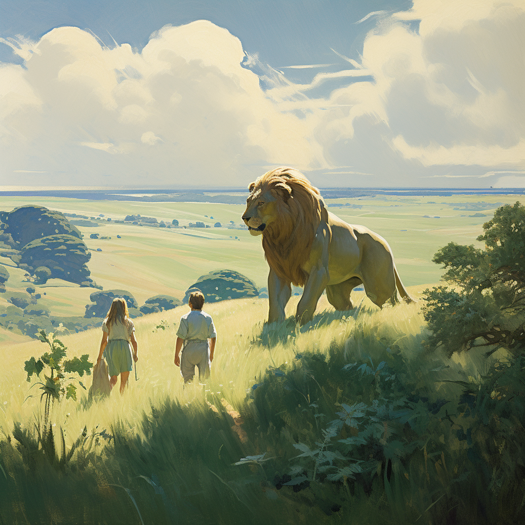 Illustration of lion and three people in field