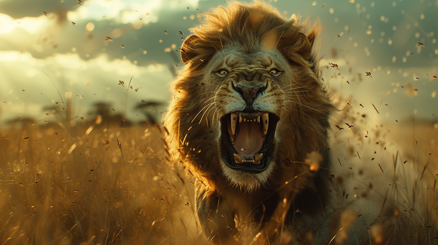 Lion Roaring in Savanna