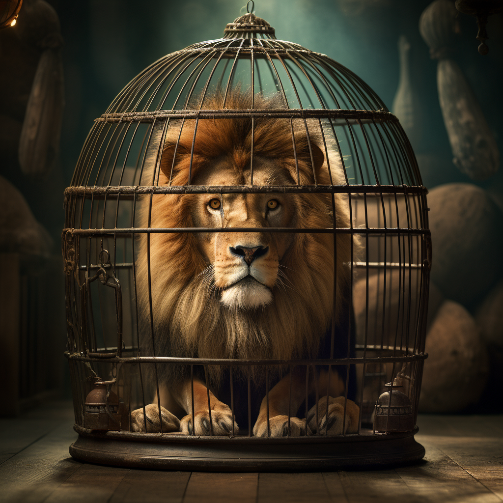 A powerful lion fighting to fit in a tiny cage