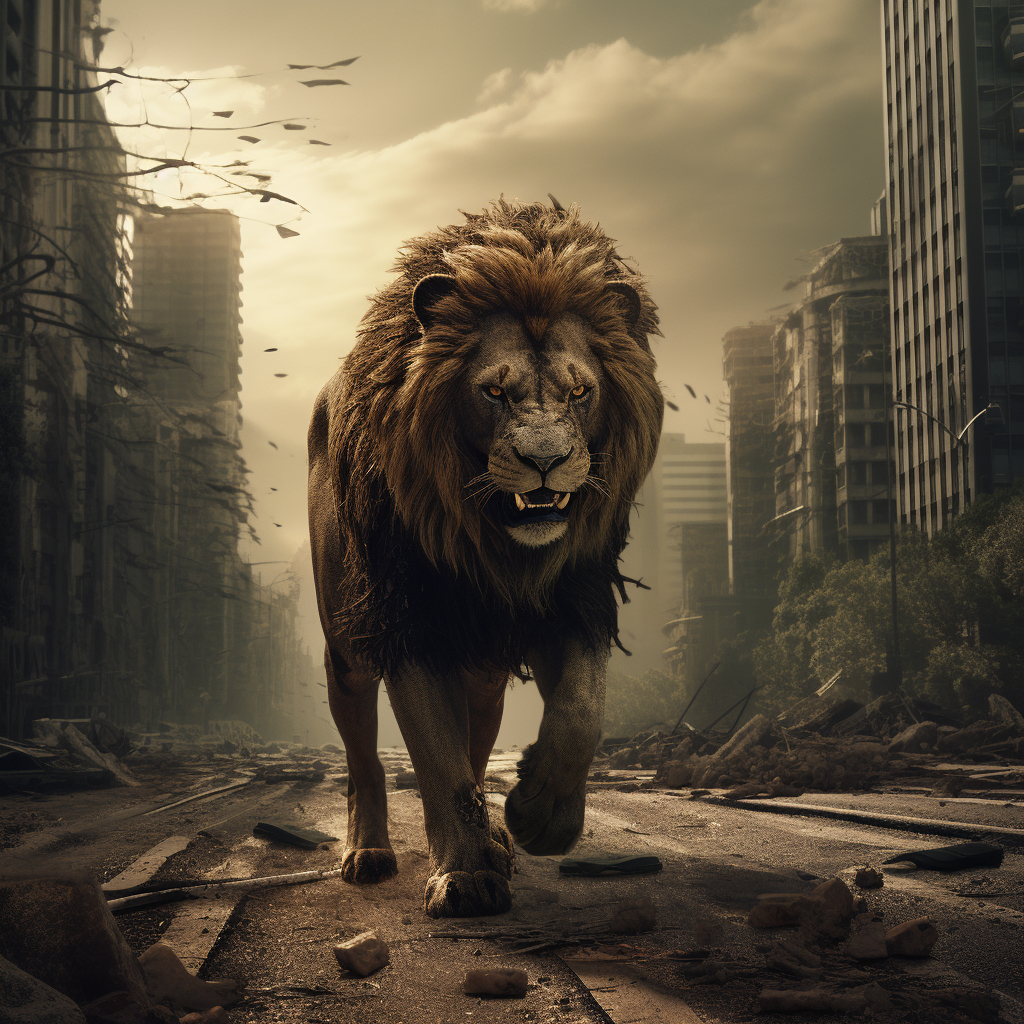 Lion walking through post-apocalyptic city streets